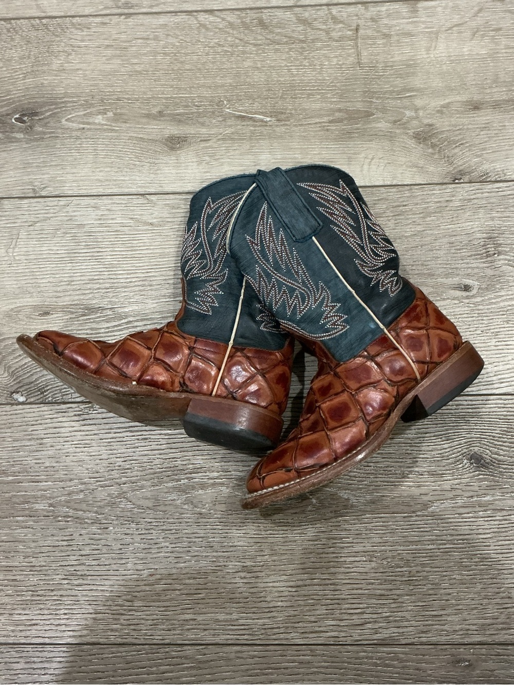 Horse Power Kids Blue/Cognac Brown Leather Western Cowboy Boots
